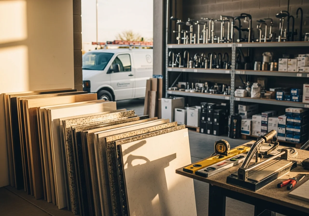 Professional remodeling crew with tools and materials ready for kitchen and bathroom projects.
