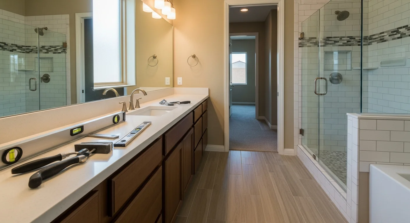 Renovated bathroom with modern fixtures and tile work
