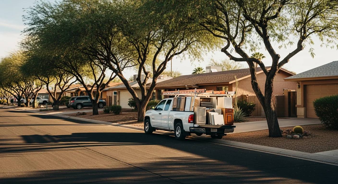 Residential street in Mesa with mature trees and single-family homes typical of established neighborhoods.