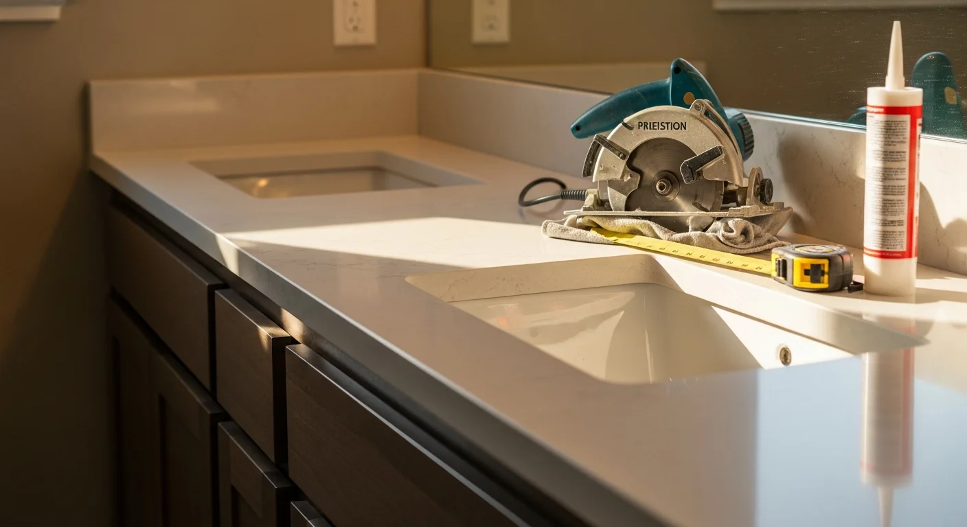 A newly installed stone bathroom vanity countertop with an undermount sink in a Mesa home, showing clean edge finishing and a sealed surface under bright bathroom lighting. The vanity cabinet below is intact, with the countertop fitted flush against the wall and backsplash.