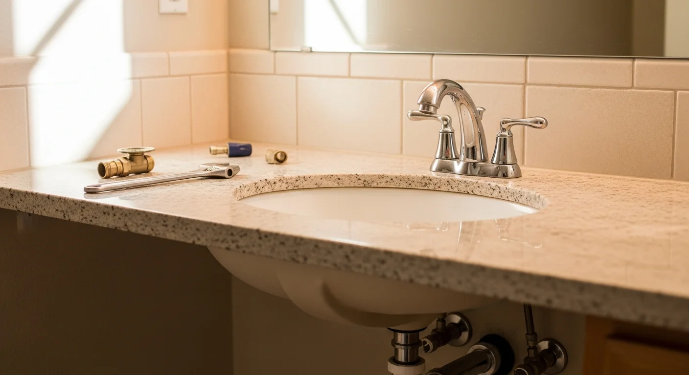 A newly installed bathroom faucet and sink basin in a Mesa home bathroom, showing clean chrome hardware and updated fixtures against a neutral tile surround. The finished result reflects a professional bathroom fixture replacement completed by 5 Star Kitchen & Bath.