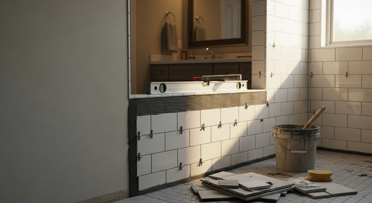 A finished bathroom remodel in a Mesa, Arizona home showing a walk-in tile shower with frameless glass, a wall-mounted vanity, and updated flooring. The space reflects a clean, functional layout suited to Arizona desert living.