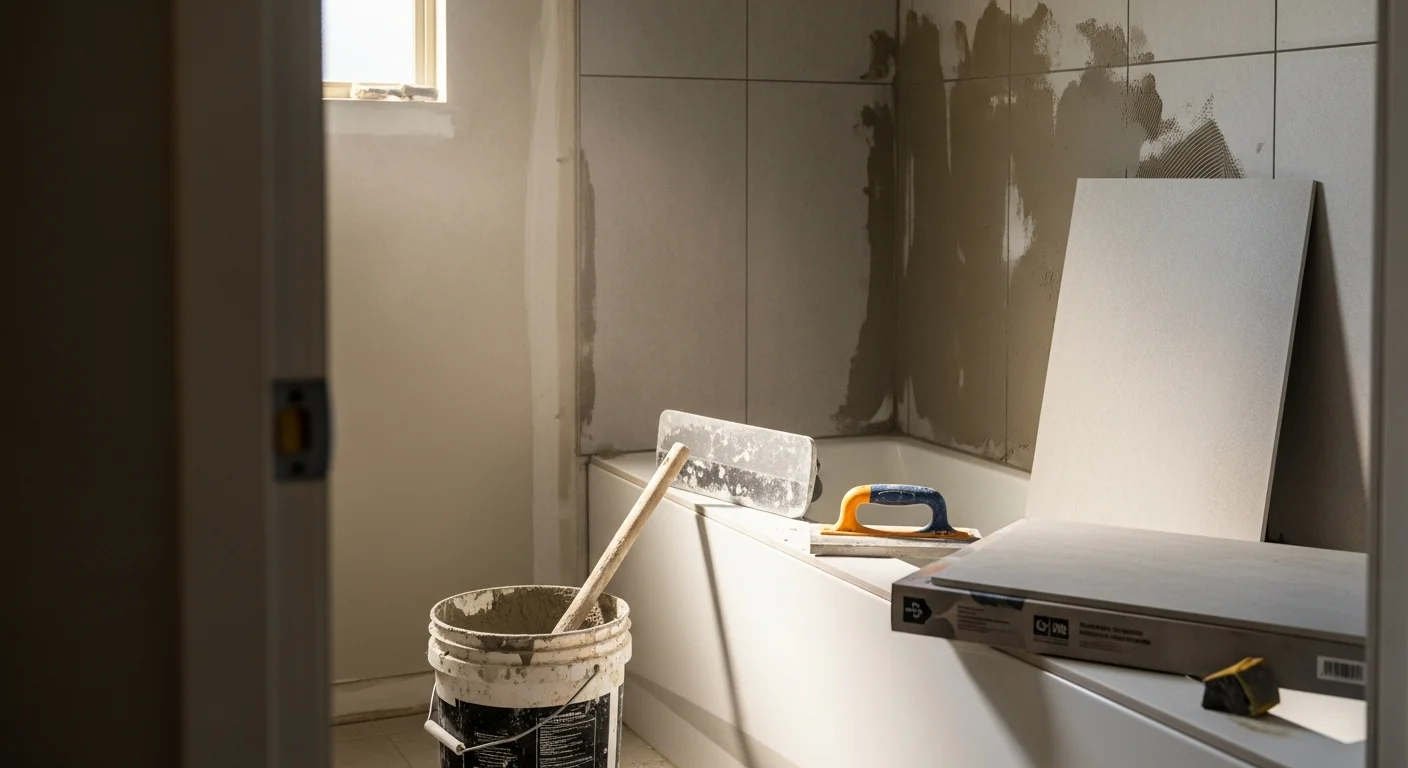Freshly installed bathroom floor and shower wall tile in a Mesa home, showing consistent grout lines and a clean, level surface. The bathroom features a tiled tub surround completed by 5 Star Kitchen & Bath.