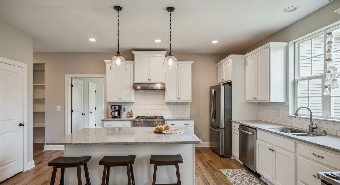 Refaced kitchen cabinets in a Mesa, Arizona home showing new flat-panel doors and matching drawer fronts in a warm matte finish. The existing cabinet layout is preserved with updated surfaces throughout the kitchen.