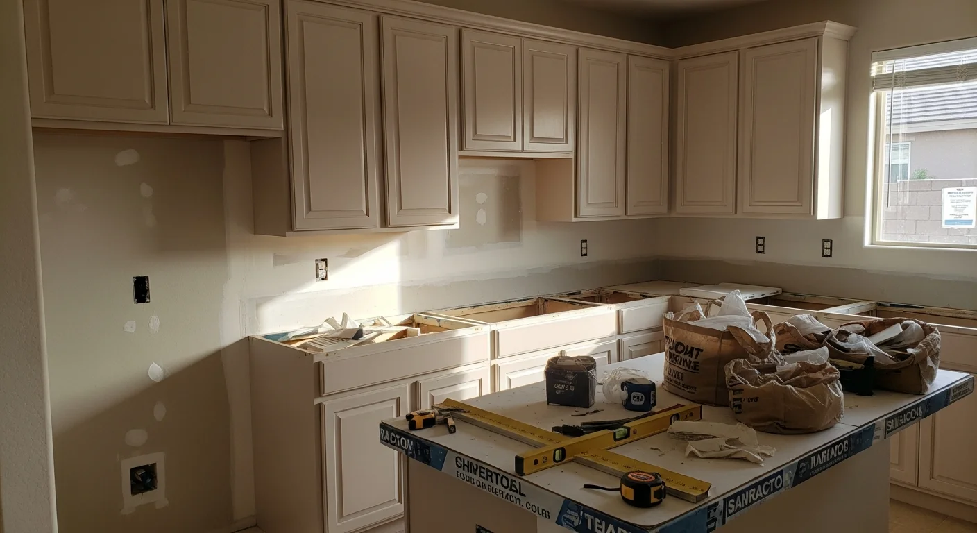 Newly installed kitchen cabinets in a Mesa, Arizona home, featuring a clean layout with full upper and lower cabinet runs and an open countertop workspace. The replacement cabinets show a finished shaker-style design suited to a desert Southwest home interior.