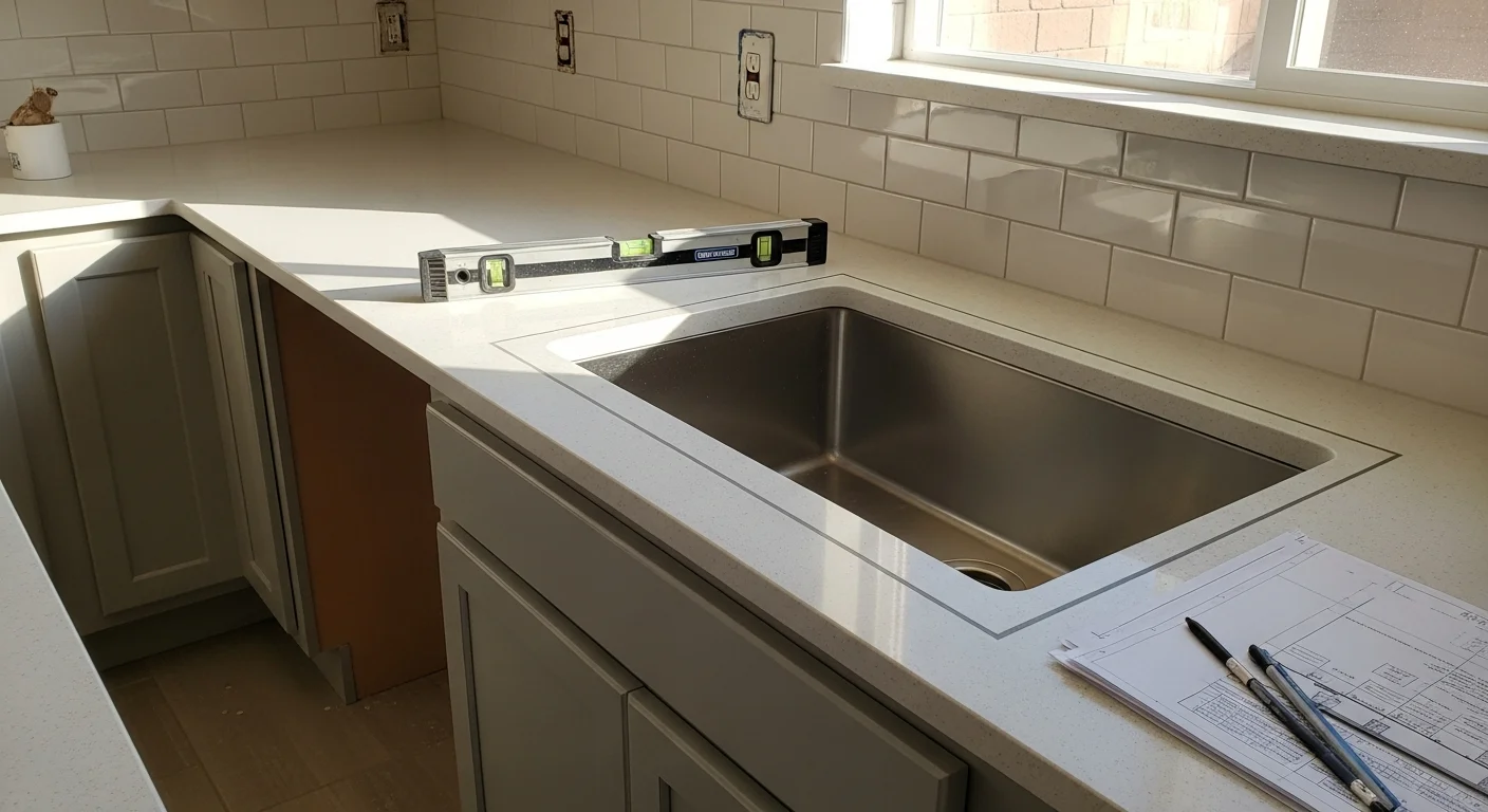 Newly installed stone countertop in a Mesa kitchen remodel, showing a clean edge profile, fitted sink cutout, and level surface running along white shaker cabinets. The kitchen is photographed in natural light typical of an Arizona home interior.