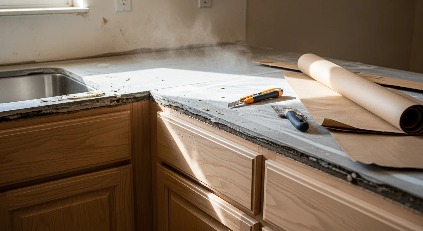 Old tile countertop being carefully removed from a Mesa kitchen, with cabinet boxes exposed and protected during the tear-out process. A clean workspace is visible, ready for new countertop installation by 5 Star Kitchen & Bath.
