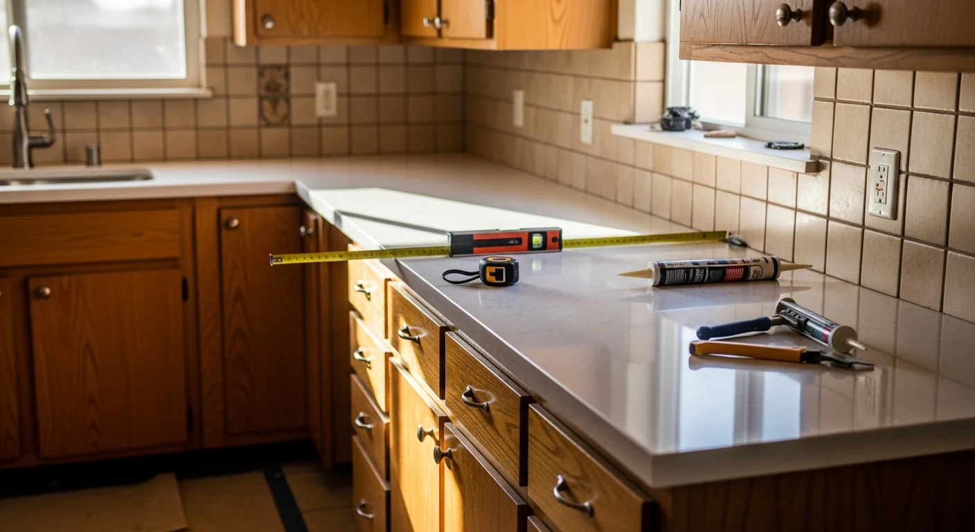Newly installed stone countertop in a Mesa kitchen, showing clean edge profiles and a flush undermount sink cutout. The surface runs along a standard base cabinet layout typical of a mid-range Mesa home renovation.