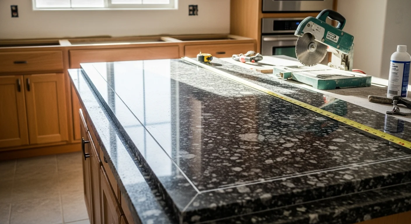 Newly installed granite countertop in a Mesa kitchen, showing a polished natural stone surface with custom edge detail and an undermount sink cutout. The countertop runs along white shaker cabinets in a single-story Mesa home.