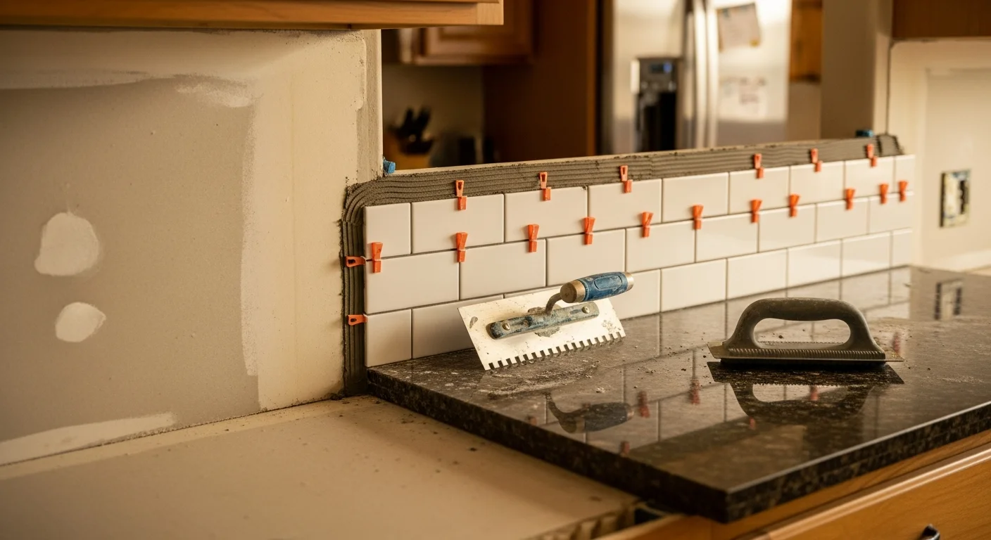 Freshly installed tile kitchen backsplash behind a gas range in a Mesa, Arizona home, showing clean grout lines and a smooth transition to the countertop edge. The kitchen has light-toned cabinets and natural light coming from a nearby window.