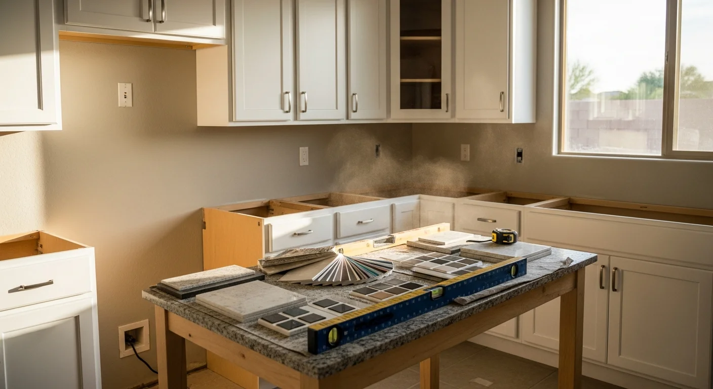 Remodeled kitchen in a Mesa, Arizona home featuring open-concept layout with custom cabinetry and updated countertops. The space shows a clean, modern design suited to desert living with warm-toned finishes and recessed lighting.