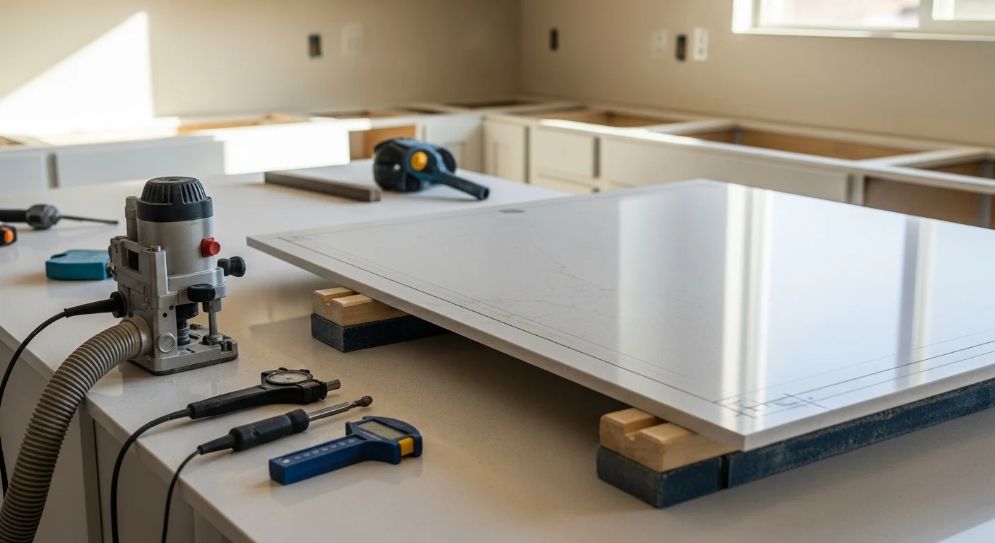 Freshly installed white quartz countertop with a straight edge profile in a Mesa kitchen, fitted around a stainless steel undermount sink with light wood cabinetry below. The surface shows a clean, consistent pattern with no visible seams at the corner joint.
