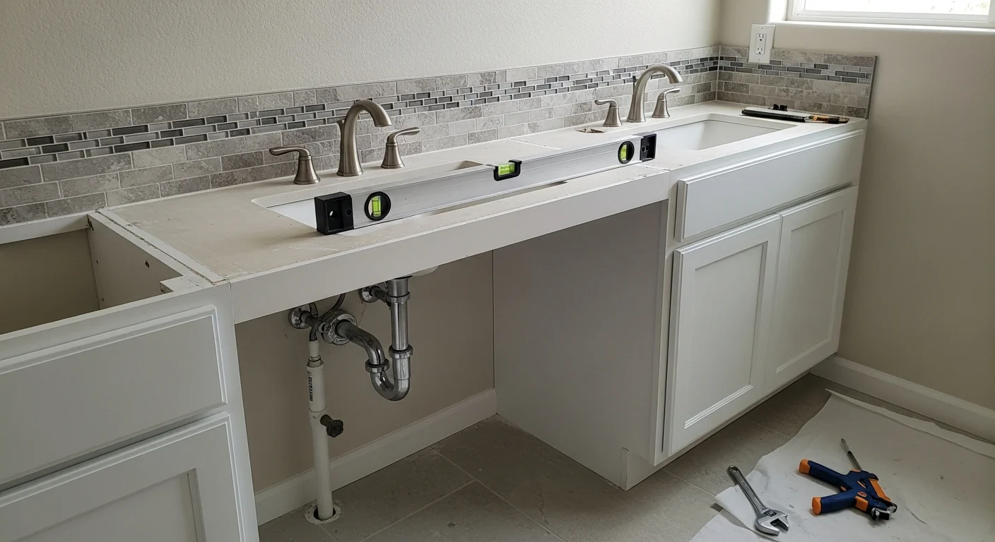 A newly installed double-sink bathroom vanity with a stone countertop in a Mesa home bathroom remodel by 5 Star Kitchen & Bath. The vanity sits flush against a tiled wall with updated plumbing fixtures and under-cabinet storage.