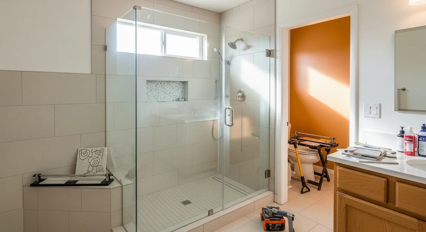 A newly installed walk-in shower in a Mesa home bathroom, featuring floor-to-ceiling tile walls, a frameless glass enclosure, and a built-in bench seat. The curbless entry and clean grout lines reflect a finished bathroom remodel by 5 Star Kitchen & Bath.